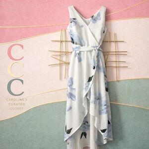 Dynamite Blue Floral Wrap Midi Dress Styled w/ The Sak Crochet Bag